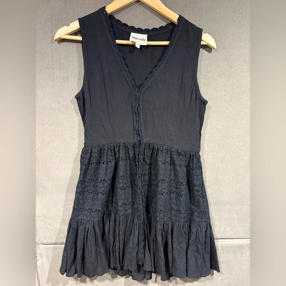 Playa Luclia Eyelet Mini‎ Dress Swim Coverup Black Gauzy Lace Women’s Small